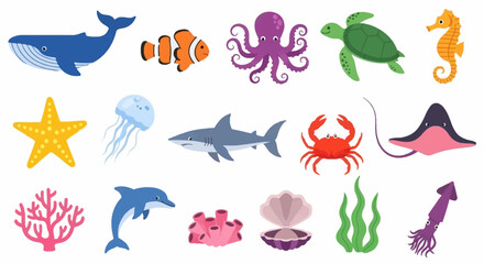 Obraz premium Vibrant Collection of Diverse Marine Animals and Sea Creatures in Cartoon Style.