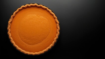 Obraz premium Flat view of a pumpkin pie with prominent copy space on a black surface perfect for Thanksgiving