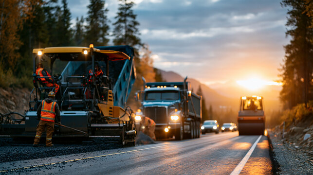 Busy road construction landscape with asphalt paver, dump truck, roller, and workers forming a coordinated paving sequence along a highway lane, documentary style realism, asphalt paving,