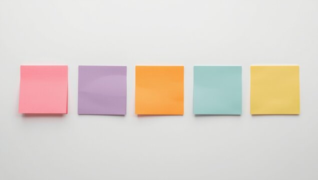 Five colorful blank square sticky notes aligned on a pristine white backdrop