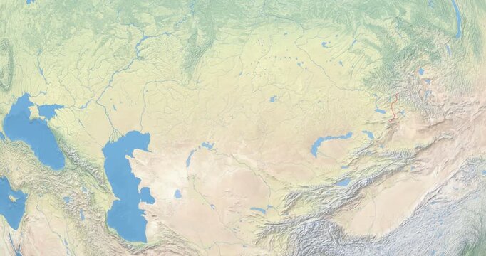 Kazakhstan on Globe. Zoom into the country with Earth spinning on dark background. Physical world map with Kazakhstan and label on it. Country view animation.