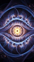 Obraz premium Intricate blue and gold fractal cosmic eye pattern.