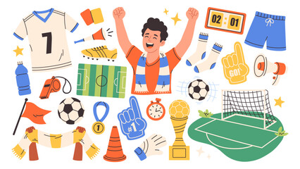 Football elements set with sports equipment, uniform, soccer ball, winning cup, soccer fan, soccer field, whistle, foam finger. Perfect for sports design, mobile apps, stickers, posters, social media © Amahce