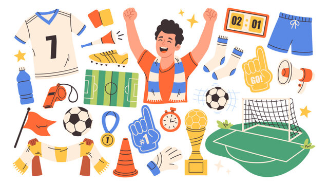 Football elements set with sports equipment, uniform, soccer ball, winning cup, soccer fan, soccer field, whistle, foam finger. Perfect for sports design, mobile apps, stickers, posters, social media