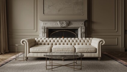 Obraz premium elegant living room with a classic fireplace, tufted couch, and glass top coffee table