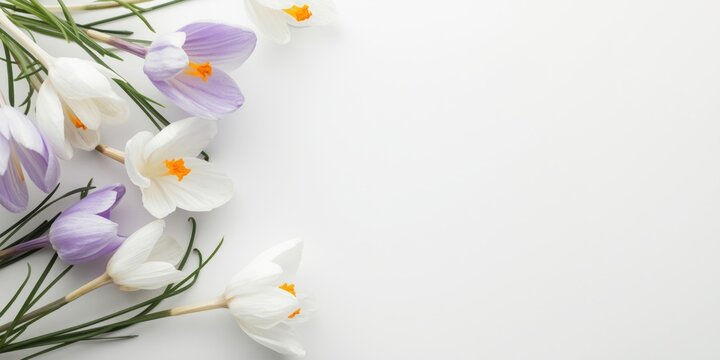 Delicate crocus blossoms fresh in springtime on a white backdrop with ample copy space