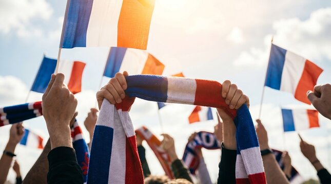 Supporters Fran&ccedil;ais C&eacute;l&eacute;brant une Victoire Historique en Football avec un Troph&eacute;e, des Drapeaux et des &Eacute;charpes Apr&egrave;s un Triomphe International.