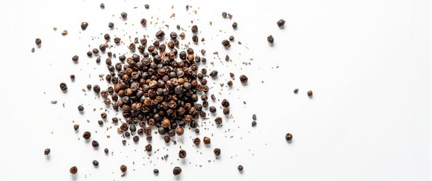 Frozen motion of black pepper seeds splashing against white backdrop