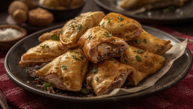 Golden brown empada packed with chicken and herbs