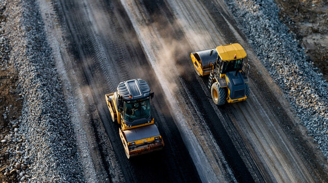 Top-down view of road rollers working on a new road construction site, parallel compaction paths visible across fresh asphalt and gravel shoulders, road rollers, aerial roadworks, asphalt