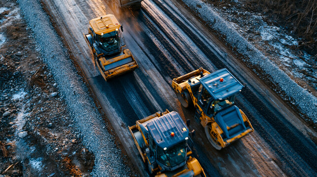 Top-down view of road rollers working on a new road construction site, parallel compaction paths visible across fresh asphalt and gravel shoulders, road rollers, aerial roadworks, asphalt