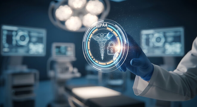 Medical professional touching futuristic HIPAA digital interface for healthcare data security and patient privacy protection in modern hospital
