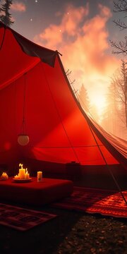 Cozy Red Tent Interior with Candles at Sunset Campsite