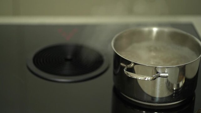 A metal pot on an induction cooktop brings water to a boil, steam rising and being drawn into the centrally mounted extractor hood. Kitchen appliance catalogs, ventilation system advertisements