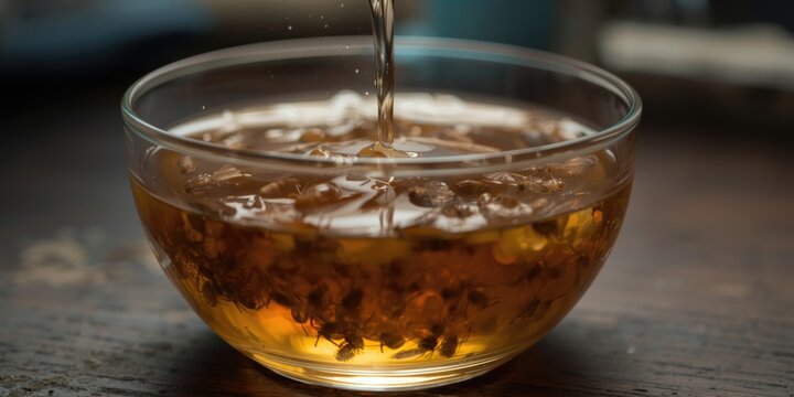 Fruit fly bait in glass bowl with cider vinegar and detergent for home use with copy space
