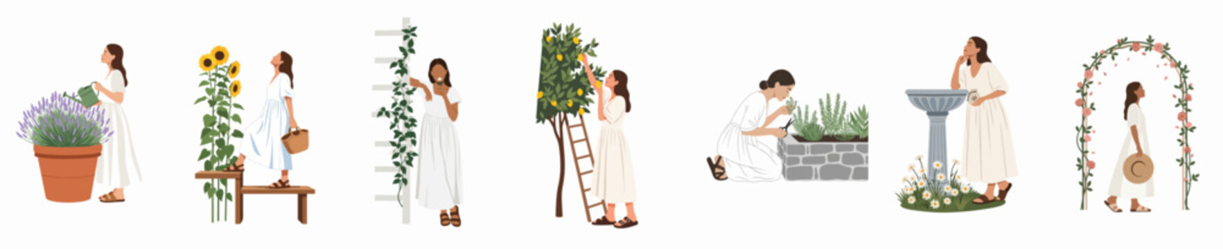 Set of Illustrations Featuring Women in White Dresses Engaging in Gardening Activities like Watering Lavender, Picking Lemons, and Pruning Herbs in a Garden.