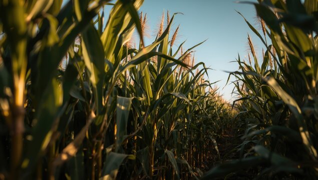 Eye level shot of tightly packed corn plants showing tassels and leaf textures in a farm environment