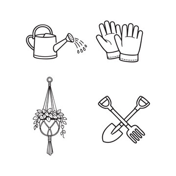 Minimalist Gardening Tools Icon Set Vector.including watering can, gloves, hanging plant holder, shovel, and rake.