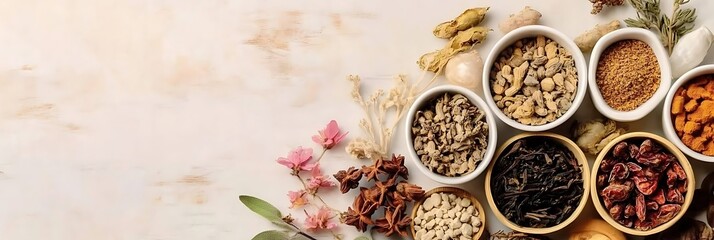Flat lay of dried herbs and spices in small bowls on a marble surface, top down view. © Lexi - Design