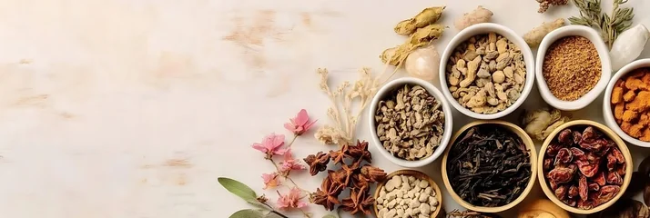 Flat lay of dried herbs and spices in small bowls on a marble surface, top down view. © Lexi - Design