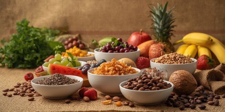 Colorful superfood spread displayed in white bowls on papyrus background enhancing immunity