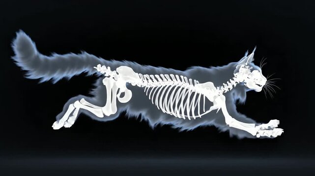 X-ray animation of a domestic cat skeleton walking on black background