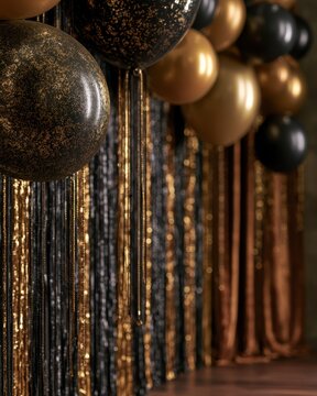 Medium shot of a blackandgold prom backdrop featuring oversized balloons and delicate tassels softly illuminated by a spotlight with a velvet curtain blurred in the background.