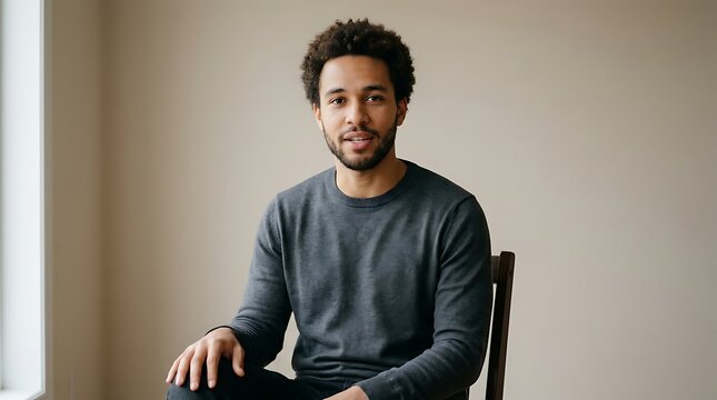 Portrait of a young man sitting casually in a chair, looking directly at the camera with a slight smile