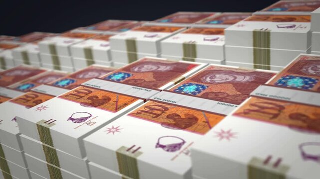 North Macedonia denars money banknote bundle growth up loop. 1000 MKD stacks. Concept of cash pack, banking, travel, business, economy and finance 3d loopable seamless.