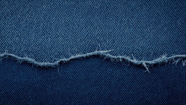 Denim textile texture displaying ripped threads and copy space