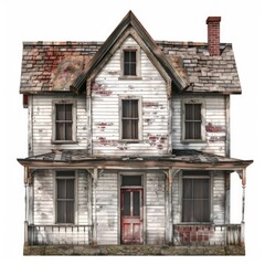 Naklejka premium Old abandoned house is slowly falling apart, with boarded up windows and peeling paint