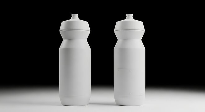 Two white plastic bicycle water bottles standing on a smooth surface for hydration fitness and cycling equipment branding