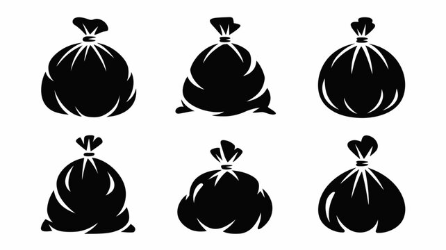 Six black garbage bags tied with drawstrings in a row