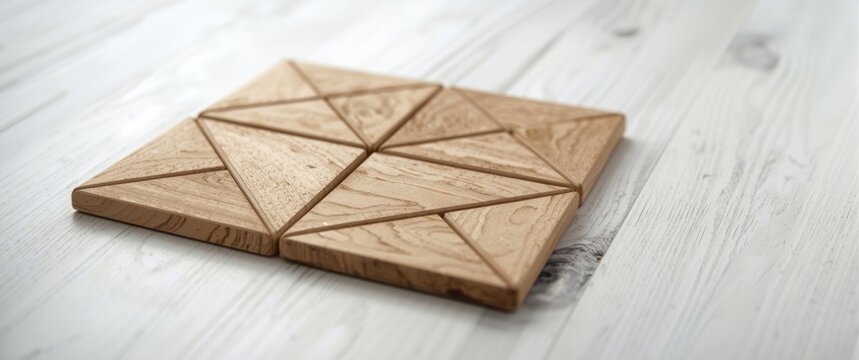 Copy space image of geometric wood tangram with trapezium pieces on white wood surface