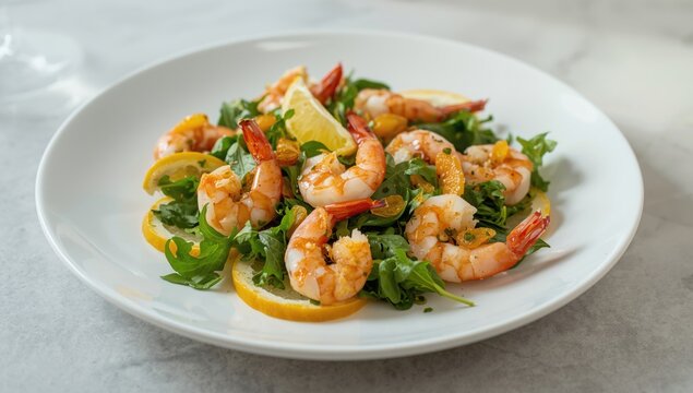 Delectable shrimp salad with crunchy greens orange sections and aromatic citrus dressing