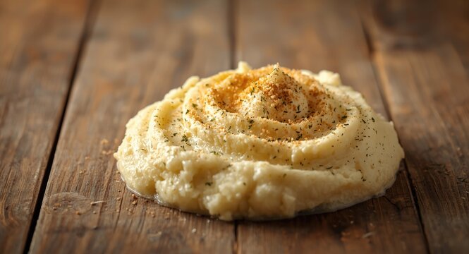 Creamy cauliflower mash with nutmeg seasoning on rustic wood surface