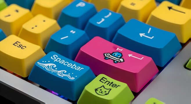 Close-up of a colorful mechanical keyboard with custom keycaps featuring playful designs and vibrant hues.