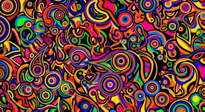 Psychedelic abstract pattern with swirling shapes and vibrant, saturated colors.