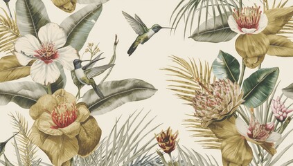 Obraz premium Hand illustrated vintage floral design with gold hibiscus and protea flowers paired with tropical banana and palm leaves plus hummingbirds