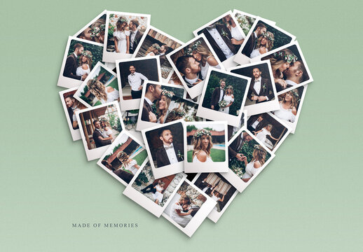 Love Heart Photo Collage Template & Mockup For Wedding Anniversary Memory Board Poster