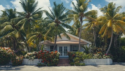 Fototapeta premium gouache art of a seaside house bordered by palm and coconut trees with bright flowers