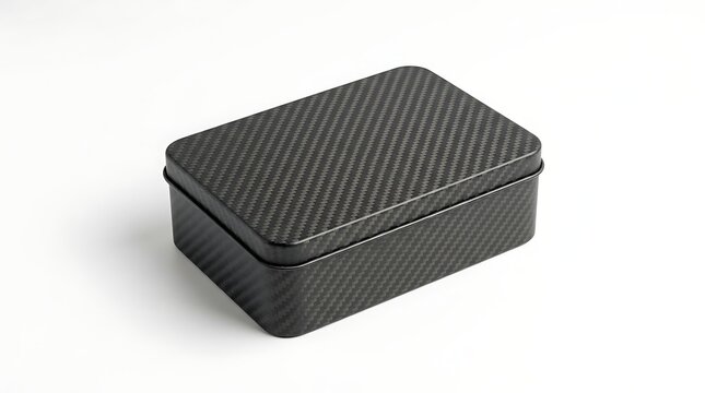 Isolated rectangular tin box with dark carbon fiber texture pattern for luxury packaging design product mockup storage