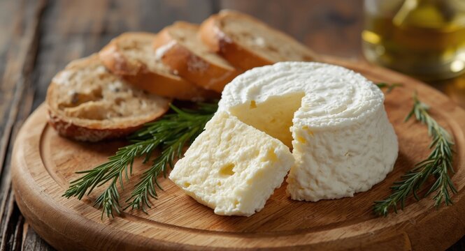 Close up of fresh curd cheese with rye bread and herbs on rustic wooden board with copy space