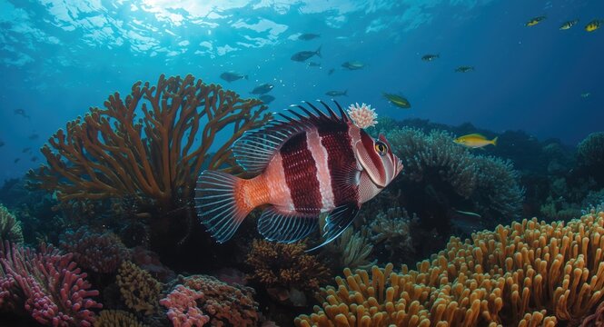 Colorful blackbelt hogfish playing on vibrant coral reefs under sunlight