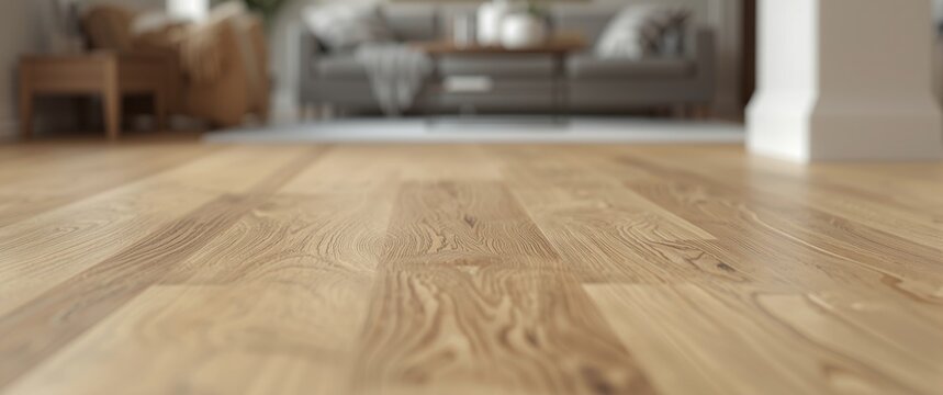 Close perspective on smooth maple wood flooring in renovated living area