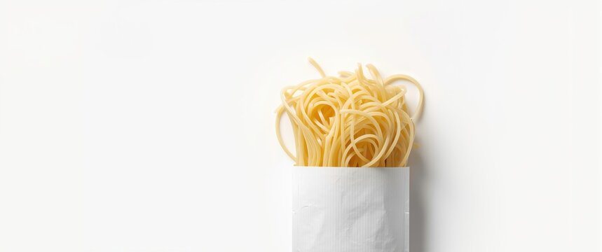 Handful of uncooked spaghetti noodles contained in white plastic packaging against white