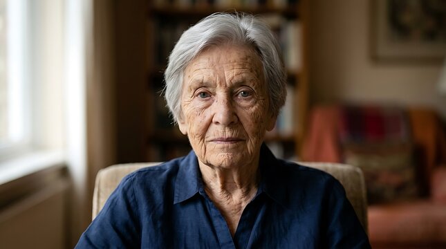 Intimate portrait of a dignified elderly woman with a gentle, reflective gaze, embodying wisdom and serenity in her familiar home environment