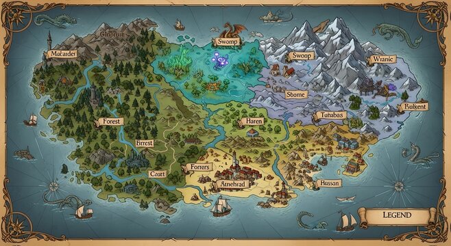 A detailed fantasy world map displays diverse terrains from snowy mountains to lush forests and arid deserts.