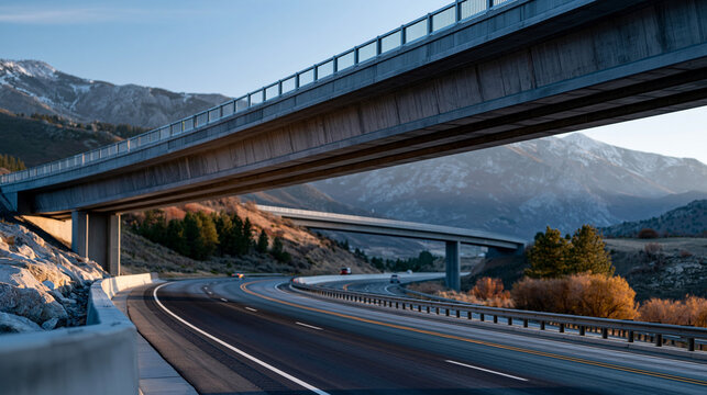 Transport bridge crossing above a highway with mountains in the background, completed concrete span, guardrails, and flowing road lanes beneath a clear sky, bridge over highway, mountain