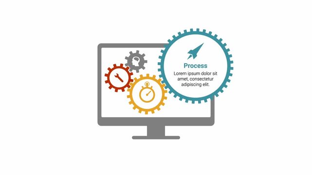 Gear process infographic with icon and device monitor on white background
